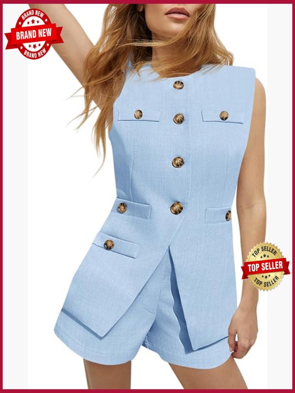 Sleeveless Blazer Vest & Shorts 2 Piece Suit Set Casual Business